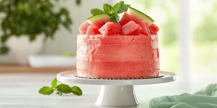 cake recipe artistic concept. Delicious watermelon cake topped with fresh fruit and mint leaves on a white pedestal.