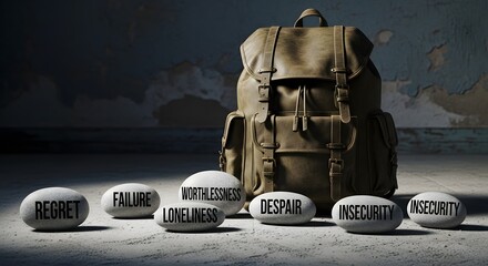 Burden of the Emotional Baggage: A symbolic scene depicts a worn backpack accompanied by stones labeled with emotionally heavy words, representing life's burdens.