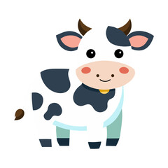 a friendly dairy cow with black and white spotted pattern, pink nose, small horns, and a cheerful smiling expression, depicted in a simple, child-friendly style.