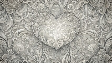 Intricate Swirling Heart Design  A Detailed Monochromatic Pattern Featuring Elegant Curls and Flourishes