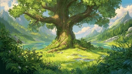 Obraz premium A clean, flat 2D illustration of a lush, vibrant spring meadow with a massive, thriving tree positioned prominently at the center. The tree's branches are densely covered with.