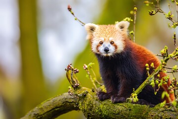 Red panda in tree amidst spring