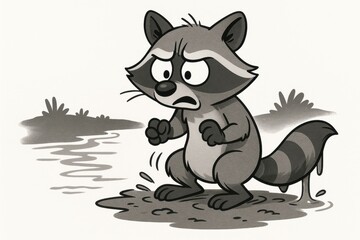 Confused Cartoon Raccoon – Comical Animal Illustration with Wet Tail on White Background