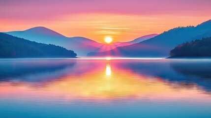 Obraz premium Colorful sunrise over a calm lake and mountains.