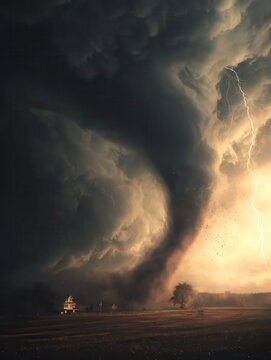 EF5 tornado in Kentucky, USA, huge funnel cloud, destructive force, swirling debris, dark ominous sky, strong lightning, rural scenery, dramatic atmosphere, high contrast.
