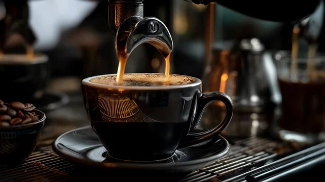 Brewing fresh espresso: Dark cup being filled by a professional espresso machine, coffee beans alongside, preparing coffee, dark and moody, cozy and warm beverage.
