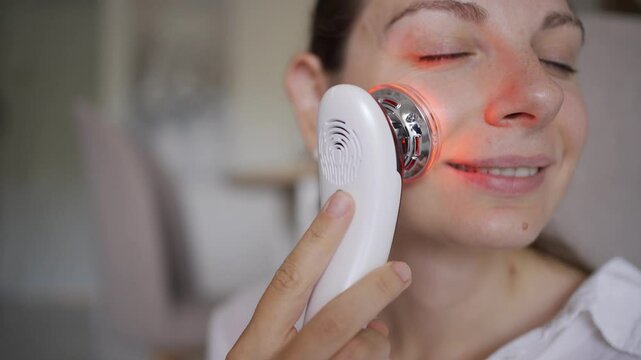 Woman using EMS lifting and LED light therapy device for facial contouring and skincare