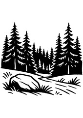 Obraz premium Black and white forest landscape with path and stone. Perfect for engraving, laser cutting, print, logo, book illustration, and clipart use