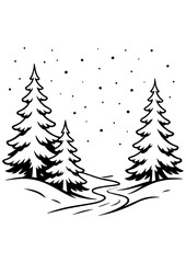 Obraz premium Black and white winter forest landscape with snow and path. Ideal for engraving, laser cutting, logo, print, book art, and creative projects