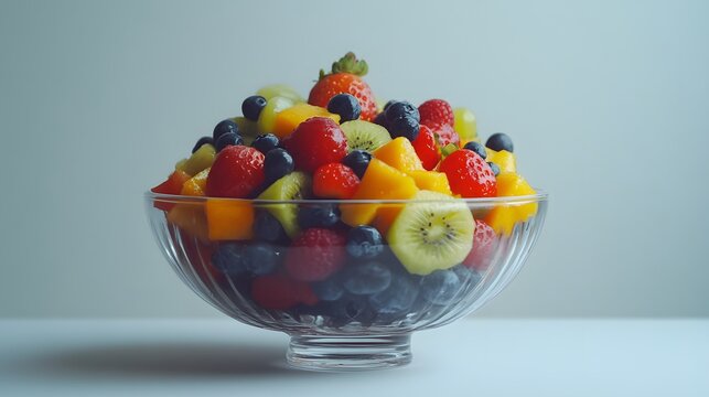 A fresh fruit salad in a glass bowl, isolated, no text or logo