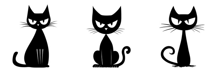 Set of three scary black cat silhouettes, Halloween decoration, Spooky cartoon cat, isolated on transparent background