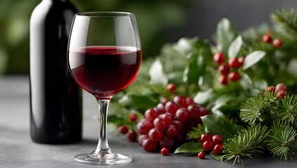 Elegant Red Wine Glass with Grapes and Festive Greenery Arrangem