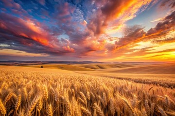 Obraz premium Golden Wheat Field at Sunset with Dramatic Sky