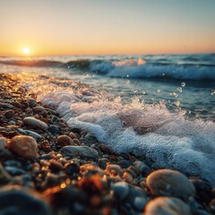 Obraz premium Sunrise Over a Pebble Beach Calm Ocean Waves and Golden Light.