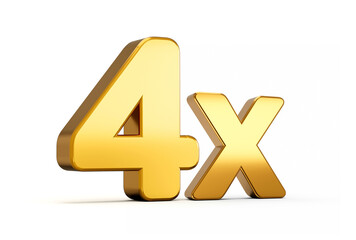 3d illustration of golden number 4x or Four Times  isolated on white background with shadow.