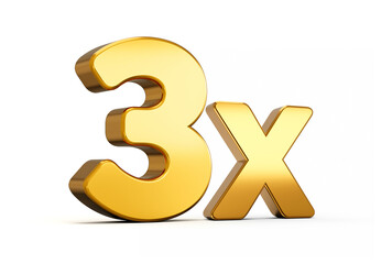 3d illustration of golden number 3x or Three times  isolated on white background with shadow.