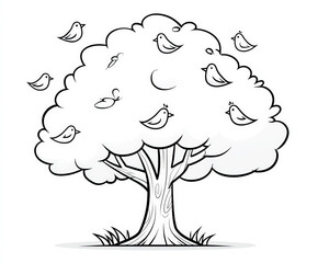 A tree with birds , coloring page for kids, simple outline illustration. Coloring book.