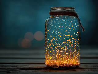 A whimsical image of fireflies inside a glass jar