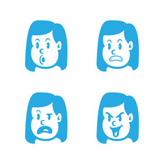Set of cartoon girl faces with straight hair showing 4 expressions: angry, smiling, winking, and surprised. Great for education, apps, stickers, or emotional UI design