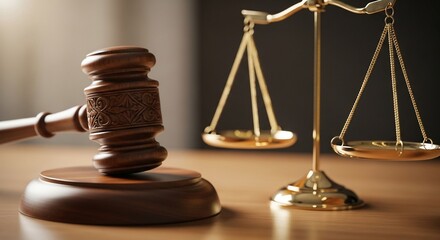Detailed Wooden Gavel and Golden Scales of Justice on a Tabletop.