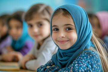Group of children sitting at the school desk in the classroom. Smiling girls in hijab during the class