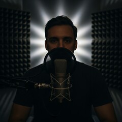 Dramatic Portrait of a Man Behind Microphone in Recording Studio