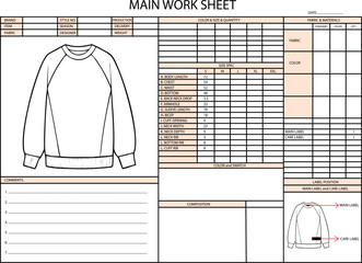 Main Work Sheet for a Raglan Sleeve Sweatshirt