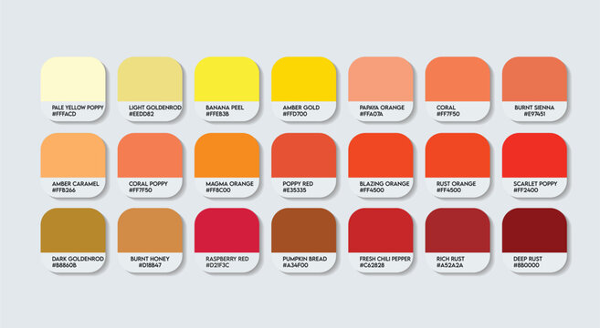 Yellow and Red Color Palette, Orange and Yellow Color Guide Palette with Color Names. Catalog Samples of Red and Yellow with RGB HEX codes and Names. Paint, sunrise and sunset Fashion Trend Colors