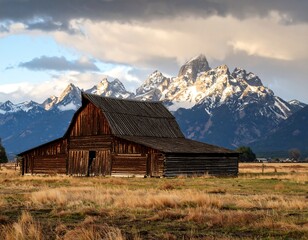 Rustic barn and majestic mountains