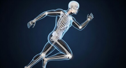Human Skeleton Running in Motion, Illuminated Against Dark Blue Background