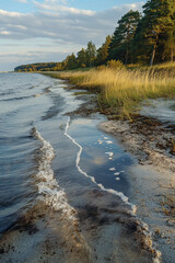 landscape with sandy beach of a lake with tall grass and trees in autumn, photorealistic