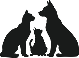 Silhouettes of a cat kitten and dog sitting together
