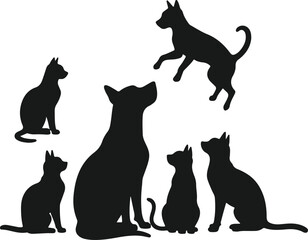 Black silhouettes of cats and dogs sitting jumping poses