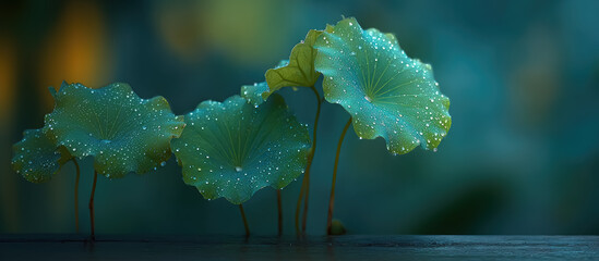 Fresh Green Lotus Leaves with Morning Dew Drops on Dark Bokeh Background - Nature Serenity, Copy space for text