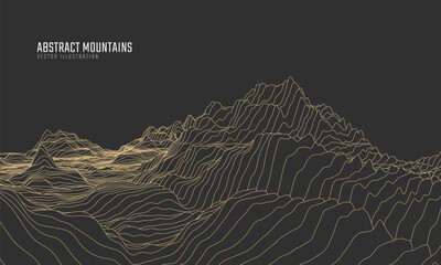 Plakat Contour mountain landscape. Waved line art. Abstract minimal topographic map. Contour lines with elevations and terrain depth. Vector illustration.