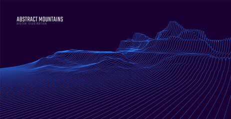 Contour mountain landscape. Waved line art. Abstract minimal topographic map. Contour lines with elevations and terrain depth. Vector illustration.