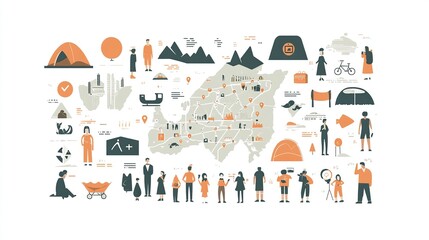 Obraz premium A colorful, flat design map of an outdoor adventure destination, featuring various icons of people, activities, and landscapes