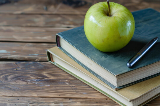 A fresh apple sits on top of stacked books with colorful pencils, an alarm clock in the background.