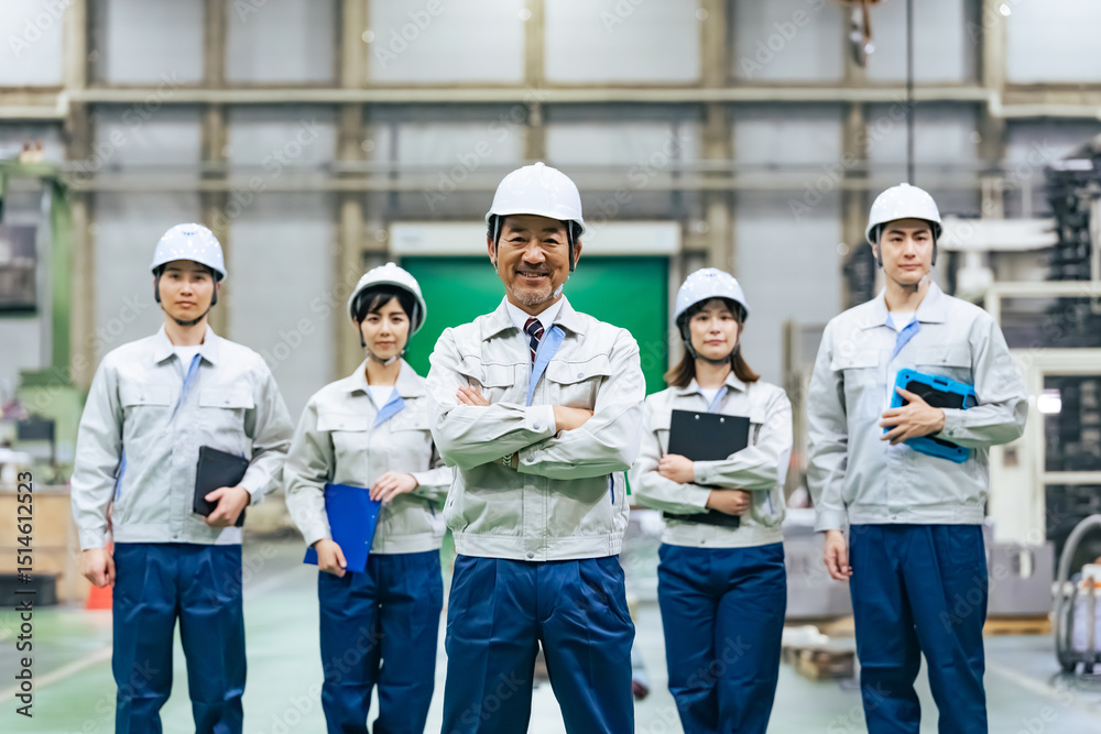 Aufkleber 工場、作業員、チームワーク、経営者、上司、リーダーシップ、製造業、エンジニア、中小企業、社長、人材、求人、採用、産業、工業、モノづくり、メーカー、メカニック、仕事、働く、作業服、従業員、スタッフ、労働者、職場、現場、女性、日本人、男性、整備、物流、点検、オペレーター、安全、メンテナンス、検査、保守、管理職、ヘルメット、仲間、同僚、部下、生産、機械、労務、ミドルエイジ、中高年、建設、工事、人物