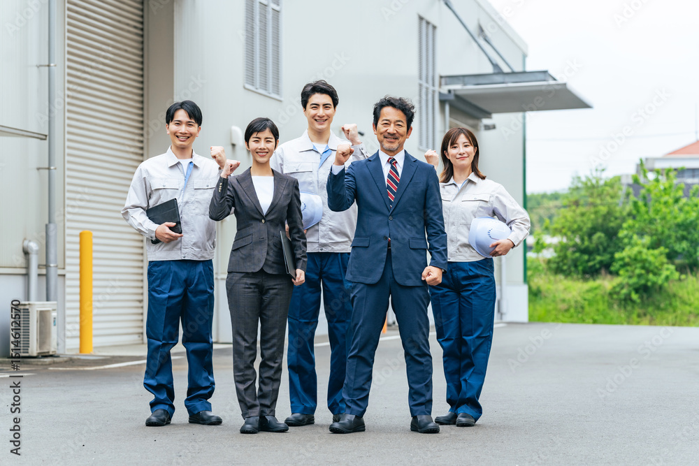Poster 建物の前でガッツポーズする会社従業員のグループ