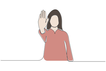Woman saying stop one-line art drawing. Woman showing stop hand gesture vector isolated on white background