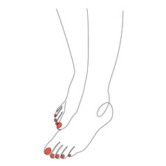 Silhouettes of human legs, feet in modern one line style. Red painted nails. Continuous line drawing, stickers, logo. Vector illustration.