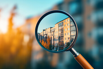 Housing Challenges Concept: Magnifying Glass on Modern Home. Generative AI