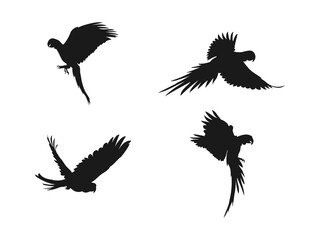 Silhouette flying macaw parrot icon. Parrot bird silhouette illustration. Bird silhouettes isolated on a white background.