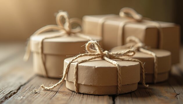 Wrapped Boxes on Wooden Table with Rustic Twine