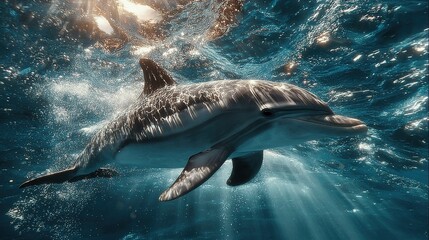 Fototapeta premium A cute dolphin gliding gracefully through sunlit seawater, its flippers propelling it gently beneath shimmering light spots in a serene underwater environment.