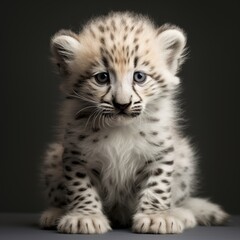 Fototapeta premium A cute baby cheetah cub sitting down, looking curious with fluffy fur and big round eyes, isolated on dark background.