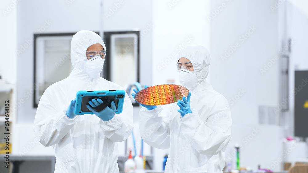 Poster 半導体工場でタブレットを持ってシリコンウエハーを検査する防護服を着た男女作業員