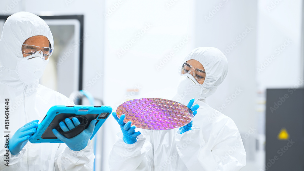Poster 半導体工場でタブレットを持ってシリコンウエハーを検査する防護服を着た男女作業員
