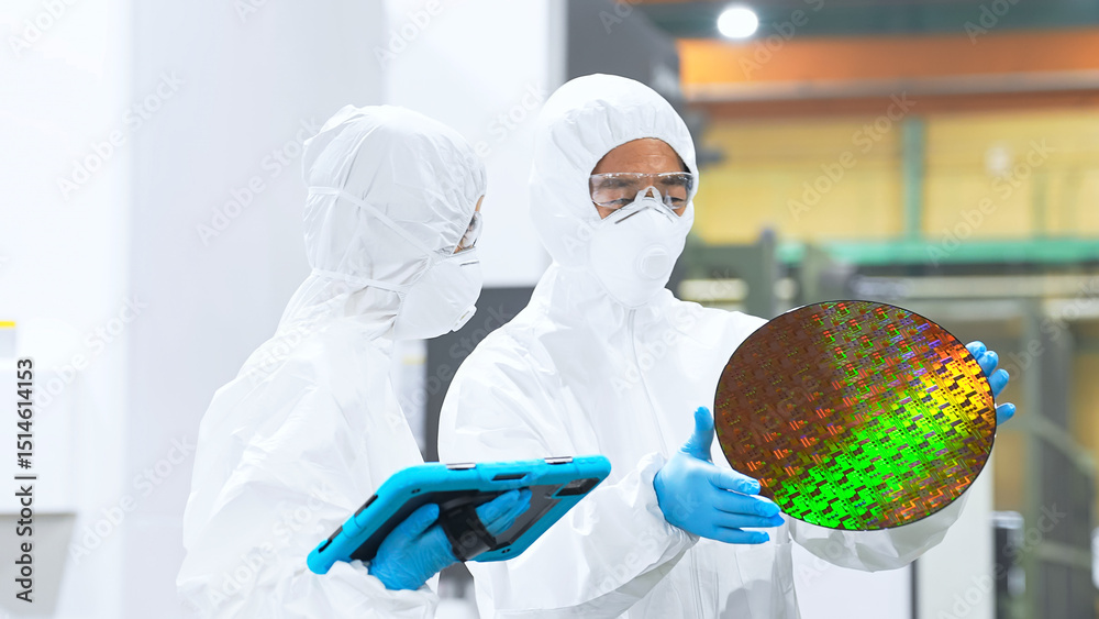 Poster 半導体工場でタブレットを持ってシリコンウエハーを検査する防護服を着た男女作業員